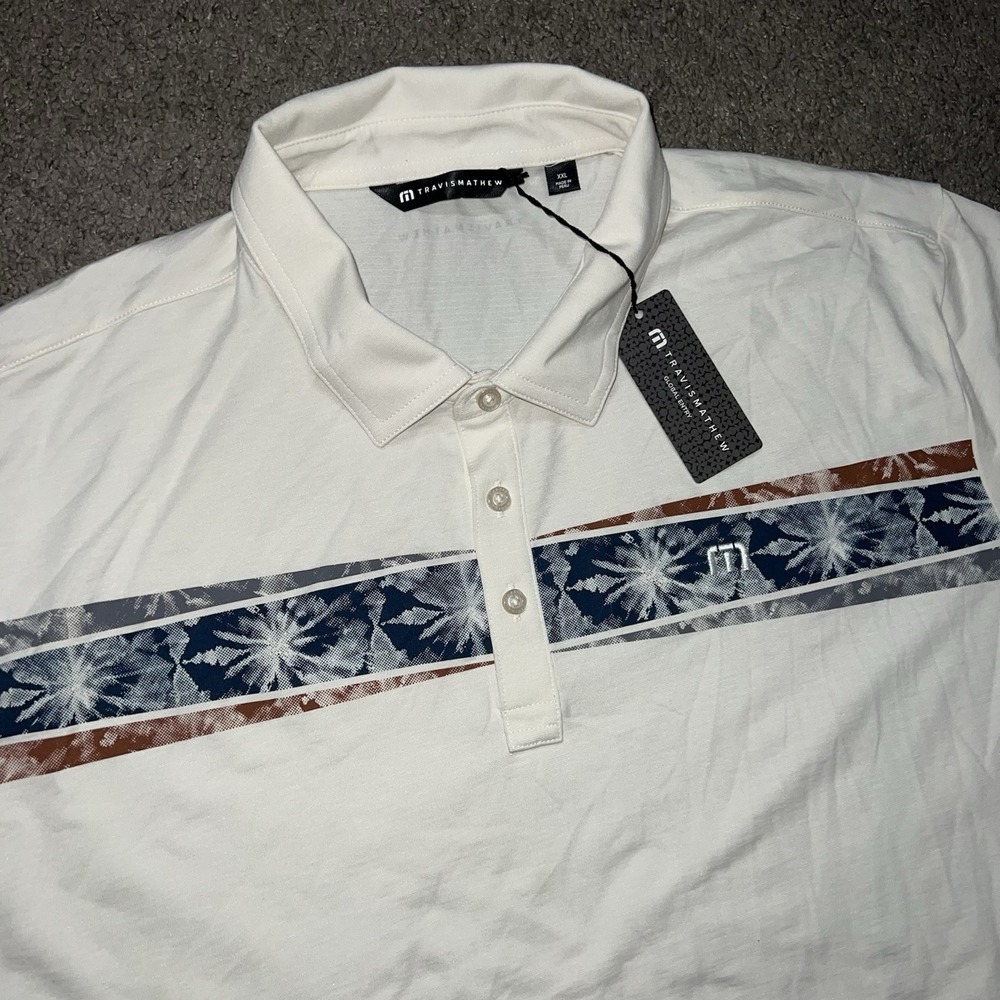 NEW Travis Mathew Postcard Market Polo Mens 2XL Birch White Graphic Stripe Golf
